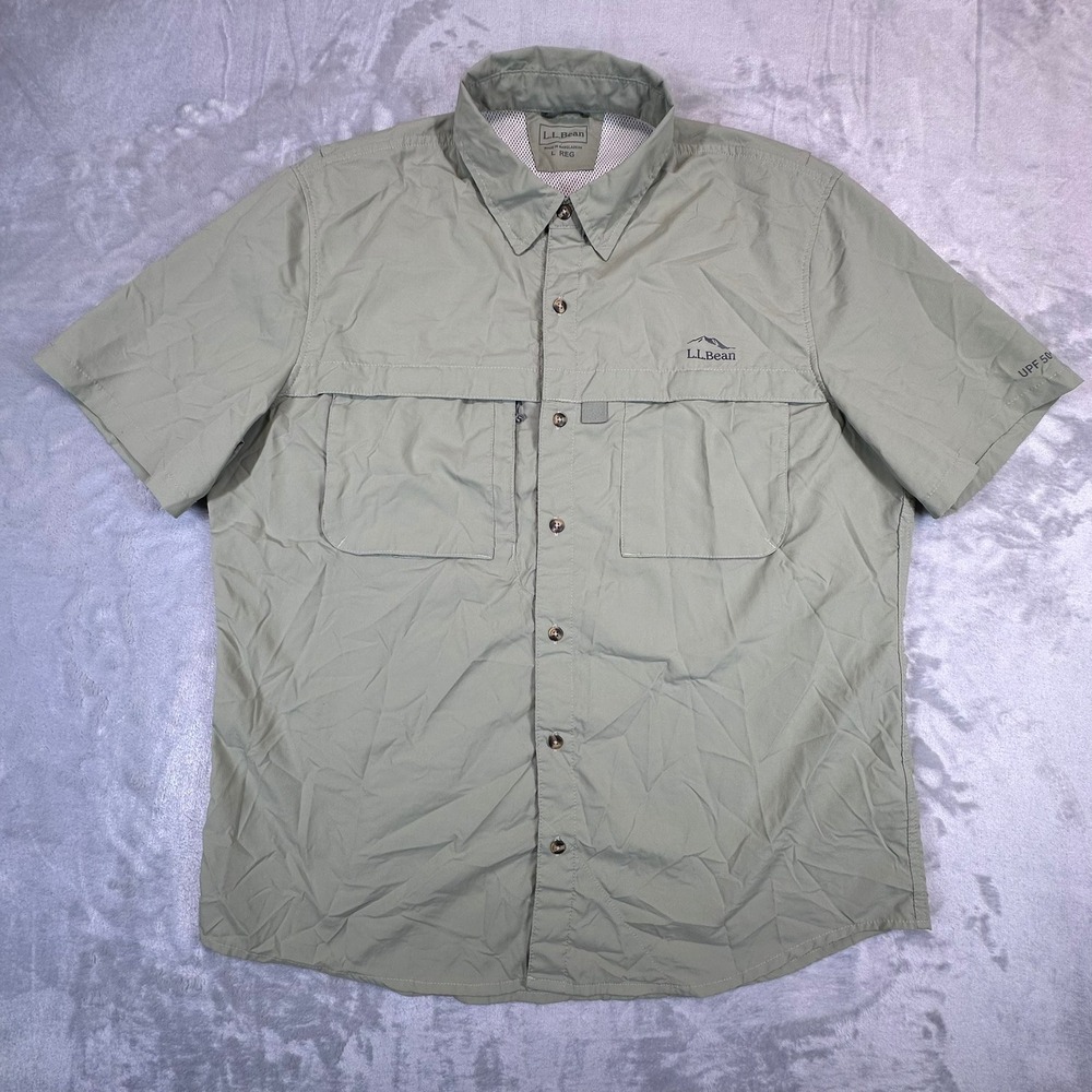 L.L. Bean Button Down Mens L Green Short Sleeve UPF 50+ Hiking Shirt 515886